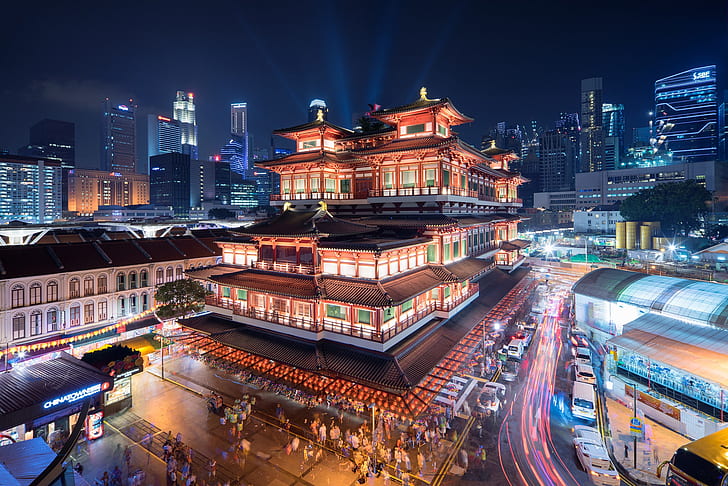 building, Singapore, temple, Museum, night city, Buddha Tooth Relic Temple and Museum, HD wallpaper