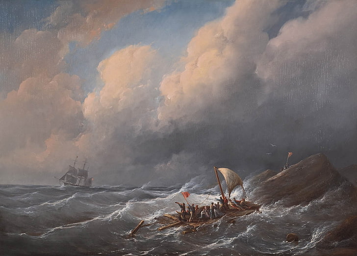 pintura, mar, arte clásico, olas, nubes, barco, rafting, Fondo de pantalla HD