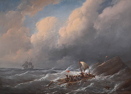 pintura, mar, arte clásico, olas, nubes, barco, rafting, Fondo de pantalla HD HD wallpaper