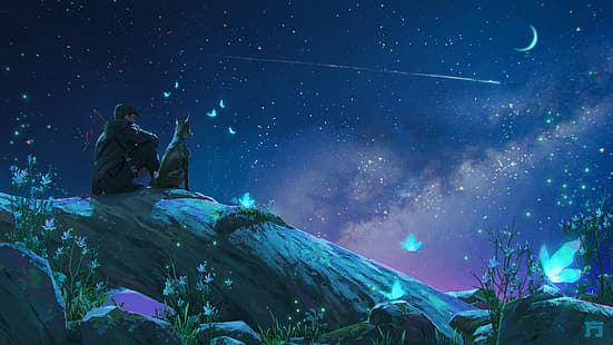 аниме мальчики, аниме пейзаж, ночное небо, собака, Чин Фонг, ArtStation, HD обои HD wallpaper
