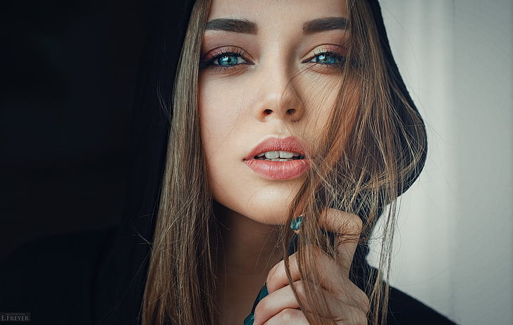 women, brunette, face, hood, portrait, blue eyes, hair in face, juicy lips, closeup, Evgeny Freyer, HD wallpaper