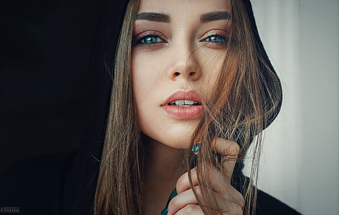 women, brunette, face, hood, portrait, blue eyes, hair in face, juicy lips, closeup, Evgeny Freyer, HD wallpaper HD wallpaper
