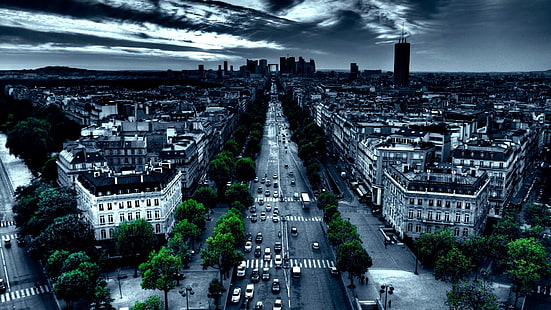 градски път, въздушна снимка на сграда и път, Франция, градски пейзаж, Париж, улица, трафик, градски, архитектура, сграда, дървета, град, кола, път, нощ, place de l'étoile, HD тапет HD wallpaper