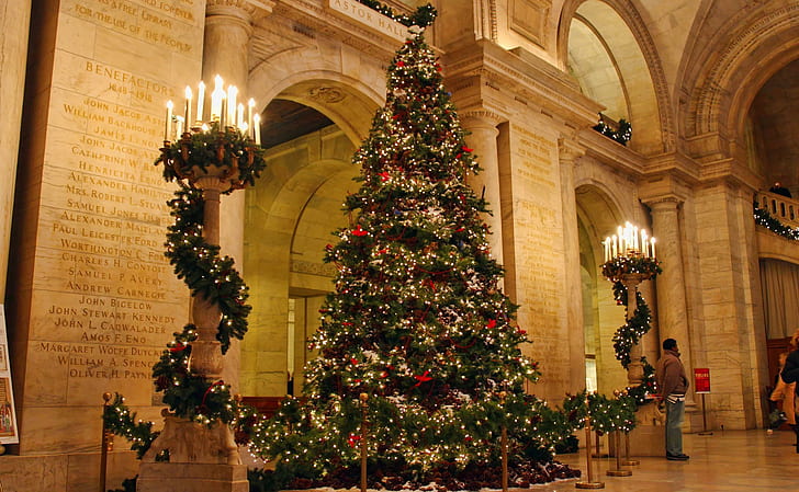 tree, christmas, holiday, palace, columns, candles, tree, christmas, holiday, palace, columns, candles, HD wallpaper