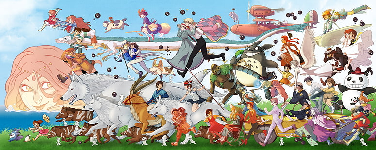ilustrasi berbagai macam karakter anime, wallpaper digital karakter anime, Studio Ghibli, My Neighbor Totoro, Spirited Away, Castle in the Sky, Princess Mononoke, Howl's Moving Castle, Hayao Miyazaki, Layanan Pengiriman Kiki, ponyo, Porco Rosso, Nausicaa dari Lembah LembahAngin, Kucing Kembali, Chihiro, Wallpaper HD HD wallpaper