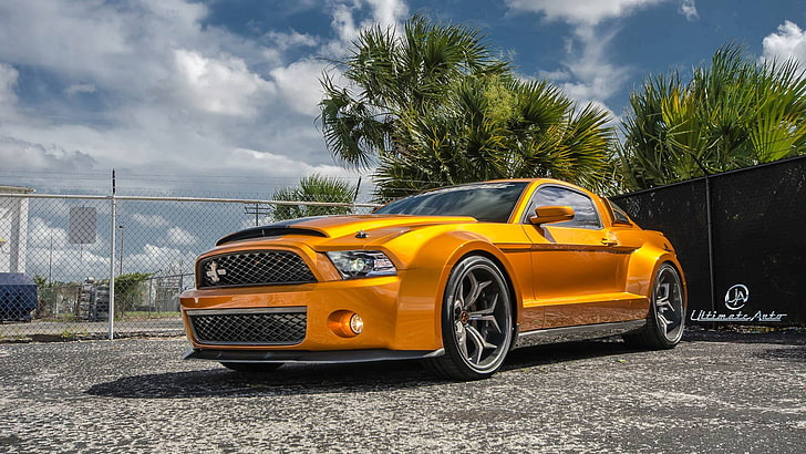 orange coupe, Mustang, Ford, Shelby, GT500, muscle car, front, orange, Super Snake, Ultimate Auto, Vellano Wheels, wide bodykit, HD wallpaper