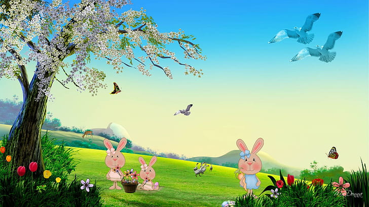 Easter Bunny Spring, Rotwild, Blumen, Bäume, Frühling, Ostern, Vögel, Feiertag, Korb, Enten, 3d und Zusammenfassung, HD-Hintergrundbild