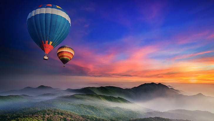 Mountains, hot air balloon, forest, mist, morning, dawn, desktop, mountains, hot air balloon, forest, mist, morning, dawn, desktop, HD wallpaper