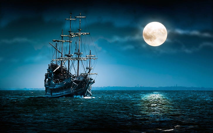 hd  ship sail ship pirates phosphorescence, HD wallpaper