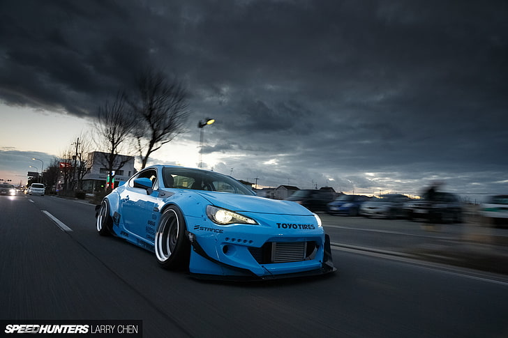 blue Toyota coupe with text overlay, subaru, road, toyota, jdm, tuning, speed, low, brz, stance, gt86, scion, fr-s, HD wallpaper