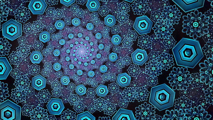 чиния, синьо и лилаво флорални тапети мандала, илюзия, спирала, въртене, форма, HD тапет