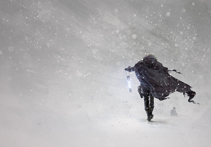 homme portant cape papier peint, hiver, neige, hommes, art fantastique, oeuvres d'art, Fond d'écran HD