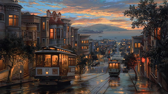 white and black cable cars, painting, San Francisco, HD wallpaper HD wallpaper