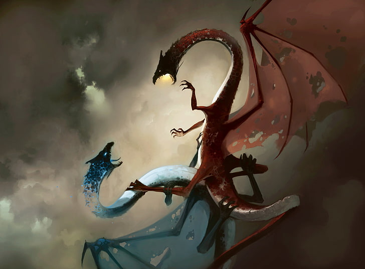 papel de parede digital de dragões azuis e vermelhos, o céu, dragão, fantasia, batalha, HD papel de parede