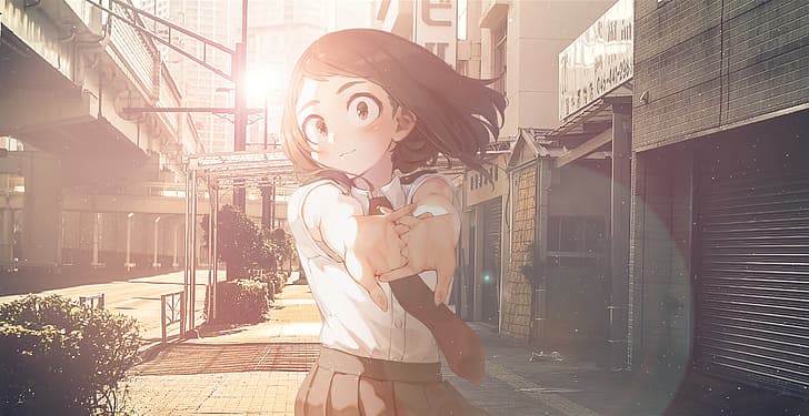 Uraraka Ochako, Japonya, sokak, Güneşli, anime, Boku no Hero Academia, HD masaüstü duvar kağıdı