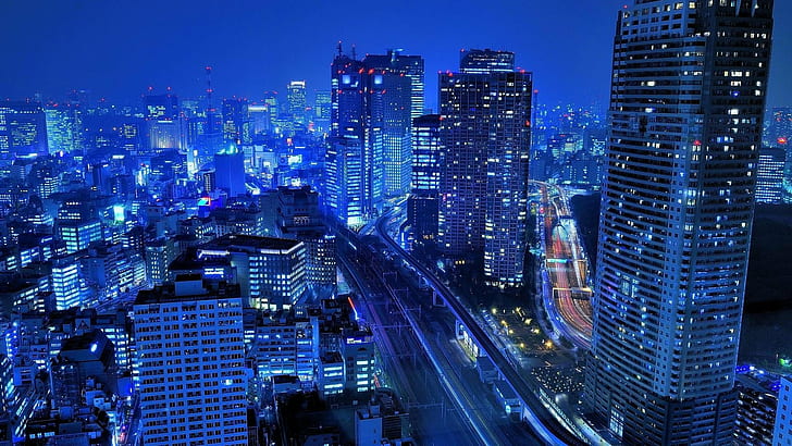 blue, buildings, cityscapes, japan, light, night, roads, tokyo, HD wallpaper