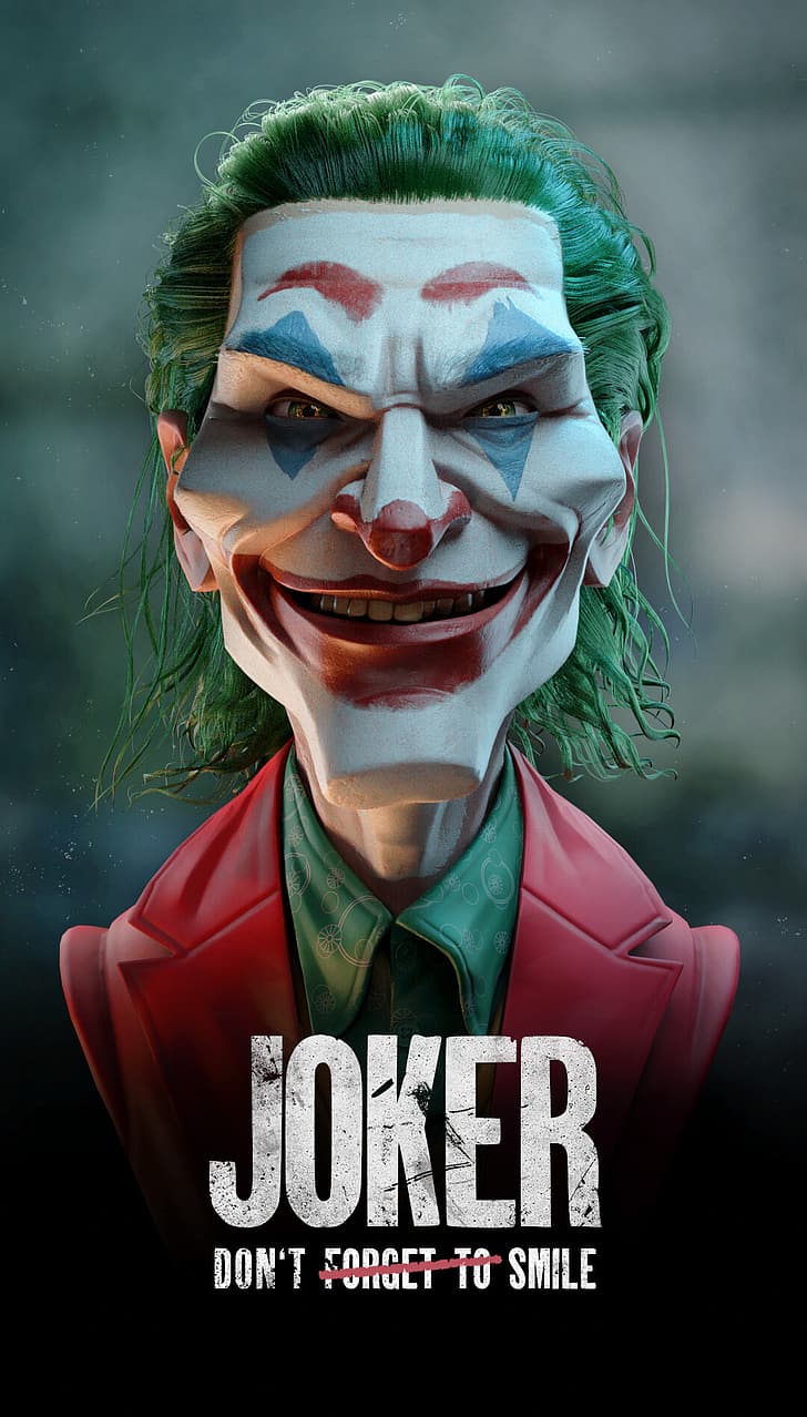 Joker (Film 2019), Joker, senyum, seni digital, poster, humor, rambut hijau, wajah, makeup, Arthur Fleck, Wallpaper HD, wallpaper seluler