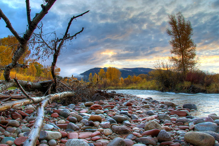 grey and brown pebbles, autumn, the sky, clouds, trees, mountains, river, stones, HD wallpaper