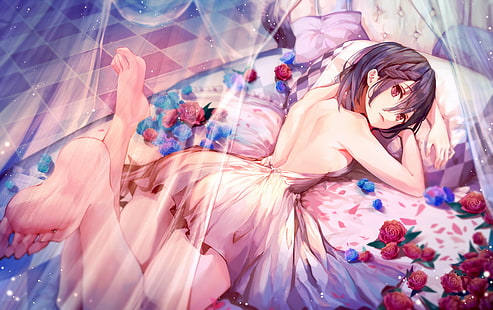 meninas anime, jogo de anime, bareback, rosas, cama, pés, deitado na frente, HD papel de parede HD wallpaper