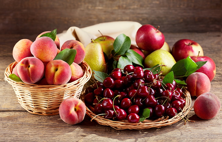 peaches and apples, apples, basket, peaches, pear, cherry, HD wallpaper