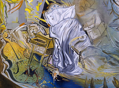 surrealismo, imagen, Salvador Dalí, atacando ferozmente un violonchelo, cama y dos mesitas de noche, Fondo de pantalla HD HD wallpaper