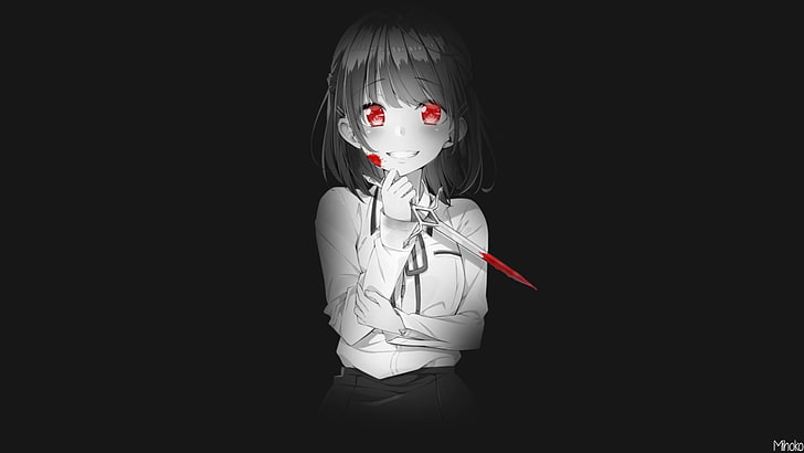 Anime, Anime Girls, Blut, rote Augen, Monochrom, Messer, Lächeln, kurze Haare, Erröten, HD-Hintergrundbild