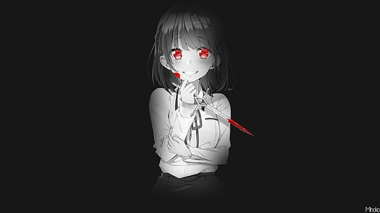 Anime, Anime Girls, Blut, rote Augen, Monochrom, Messer, Lächeln, kurze Haare, Erröten, HD-Hintergrundbild HD wallpaper