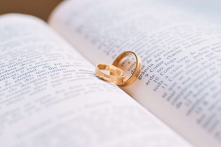 bible, book, golden ring, love, marriage, rings, vows, wedding, wedding rings, HD wallpaper