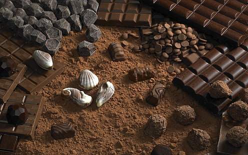 шоколадные батончики, шоколад, какао, конфеты, плитка, фигурки, HD обои HD wallpaper