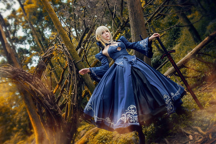 forest, look, girl, trees, branches, blue, pose, style, weapons, thickets, sword, hands, blonde, costume, Asian, cosplay, blue dress, lush, HD wallpaper