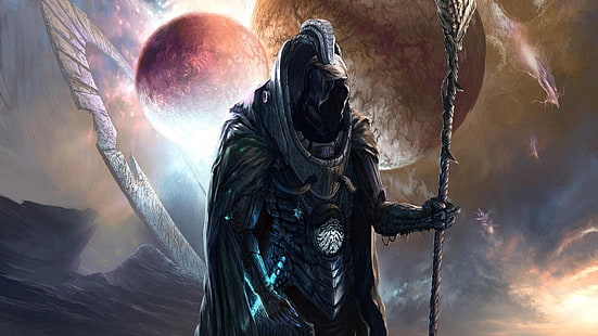 person holding scythe illustration, wizard, Odin, planet, HD wallpaper HD wallpaper