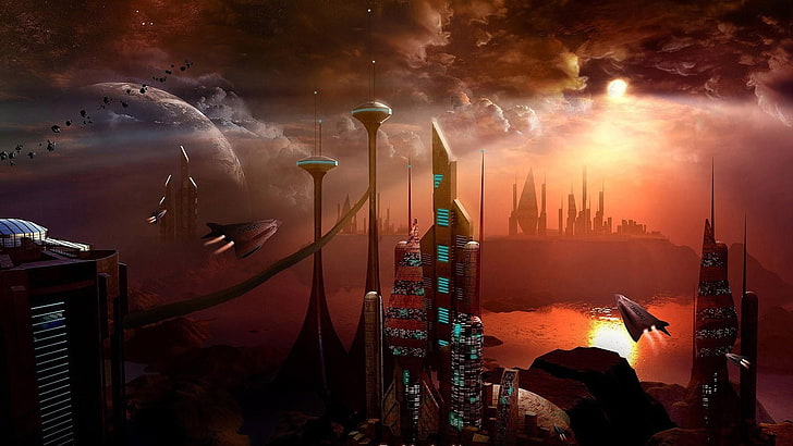 Stadt, Fantasiekunst, Science-Fiction, digitale Kunst, Planet, HD-Hintergrundbild