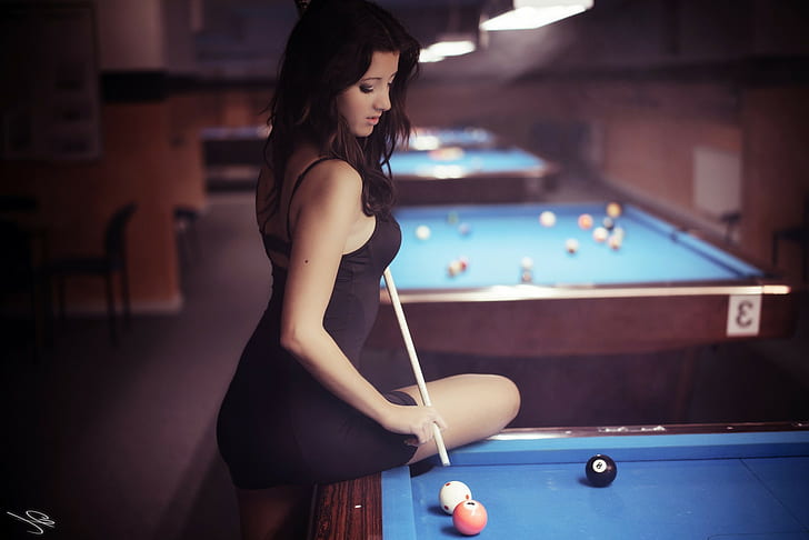 women model black dress pool table looking down, HD wallpaper