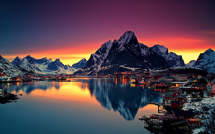 ロフォーテン諸島ノルウェー、ロフォーテン諸島、島、山、湖、ノルウェー、雪、 HDデスクトップの壁紙