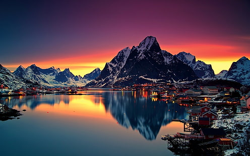 Лофотенские острова Норвегия, Лофотенские острова, остров, гора, озеро, Норвегия, снег, HD обои HD wallpaper