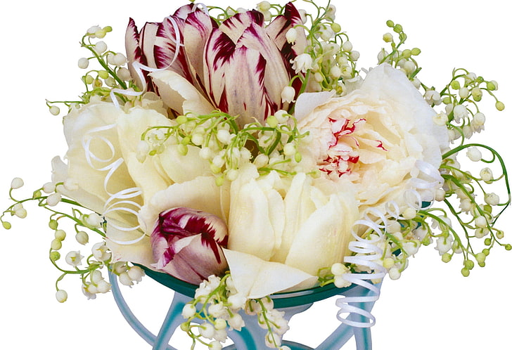 fleurs pétales blanches et roses, tulipes, pivoines, lis de la vallée, bouquet, stand, design, Fond d'écran HD