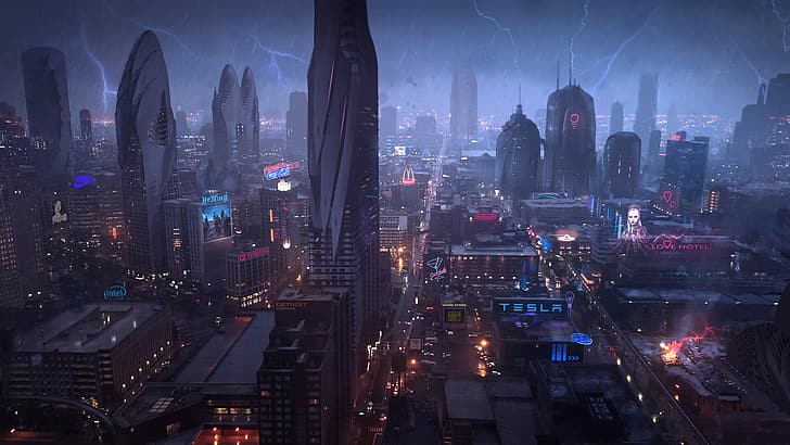 DominiqueVanVelsen, city, night, cityscape, cyberpunk, Tesla, rain, storm, lightning, Nike, Intel, Detroit, McDonald's, Coca-Cola, HD wallpaper