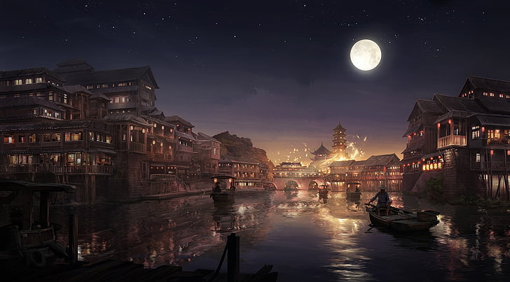 village beside body of water under full moon, Asia, HD wallpaper