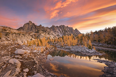 brown and gray Rock Formation, Leprechaun, brown, gray Rock, Rock Formation, sunrise  mountain, enchantments, cascades, washington, mountains, lake, larch, tree, golden  sky, peak, nature, mountain, landscape, forest, outdoors, scenics, autumn, sunset, travel, reflection, sky, beauty In Nature, rock - Object, HD wallpaper HD wallpaper