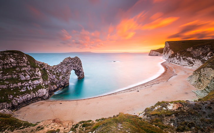 Dreamy coast beach rocky sunset, HD wallpaper
