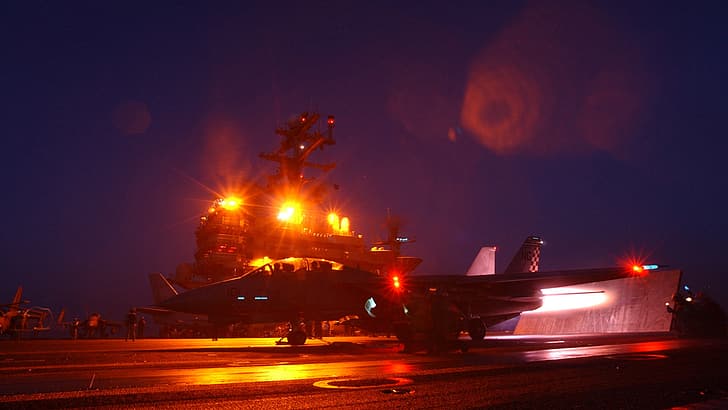 Grumman F-14 Tomcat, aircraft, aircraft carrier, military aircraft, night, United States Navy, jet fighter, afterburner, HD wallpaper