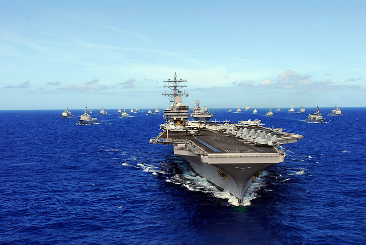 gray ship carrier, sea, ships, the carrier, USS, Ronald Reagan, type 