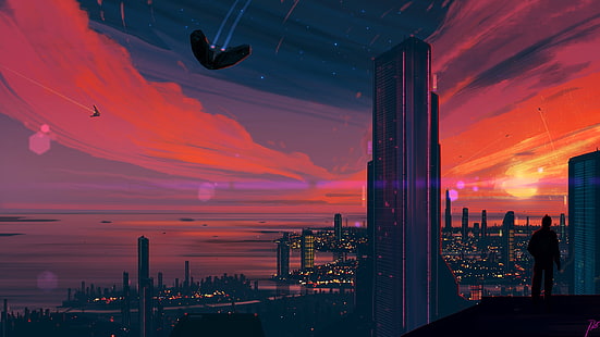 Science-Fiction, Stadt, Gebäude, Futuristisch, Wolkenkratzer, Sonnenuntergang, HD-Hintergrundbild HD wallpaper