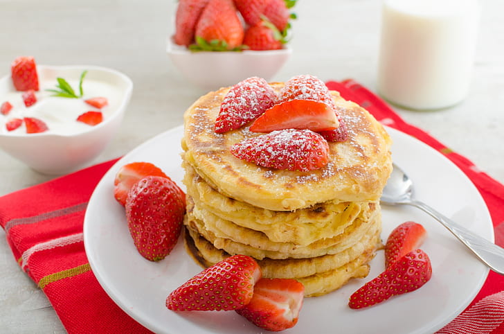 milk, strawberry, pancakes, HD wallpaper