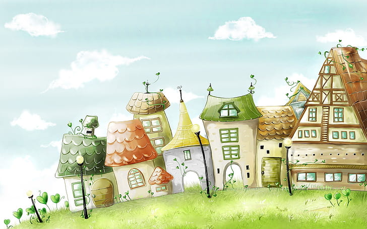 بيت القصة ، الرسم بالألوان للمنزل ، المنزل ، الكرتون، خلفية HD