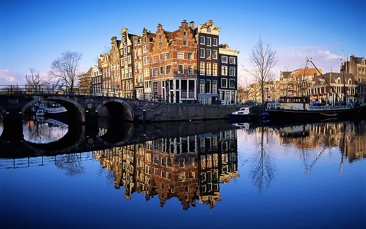 пейзаж, отражение, мост, Амстердам, градски пейзаж, HD тапет