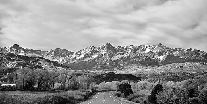 black and white, colorado, mountains, road, HD wallpaper