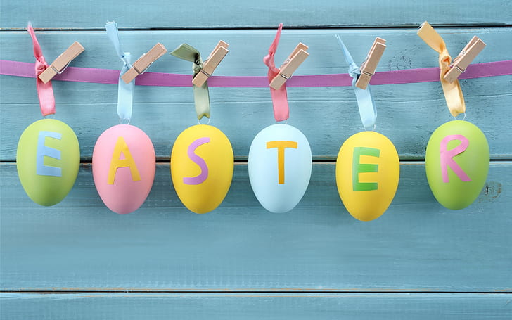 Decorazioni pasquali, decorazioni pendenti di Pasqua verdi, rosa, gialle e blu, decorazioni, uova di Pasqua, Sfondo HD