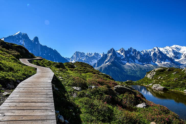landscape, mountains, nature, lake, France, Alps, track, Chamonix, Chamonix-Mont-Blanc, HD wallpaper