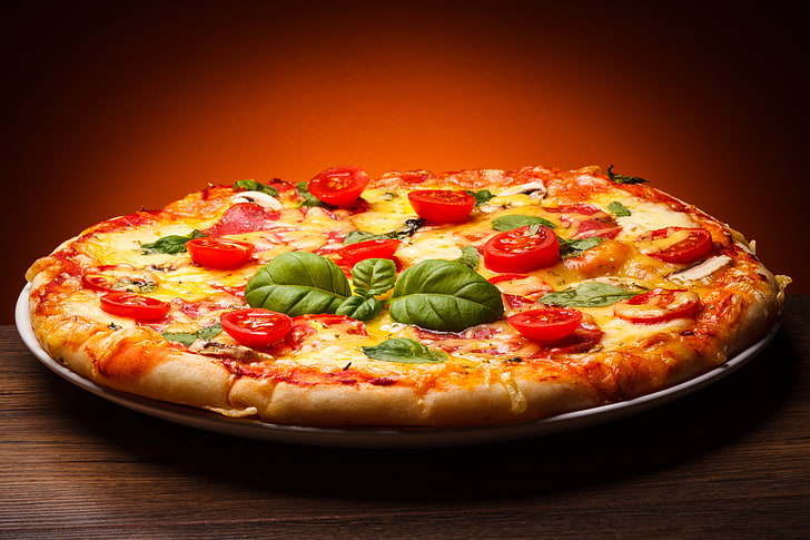 peynirli pizza, pizza, peynir, domates, mantar, salam, HD masaüstü duvar kağıdı